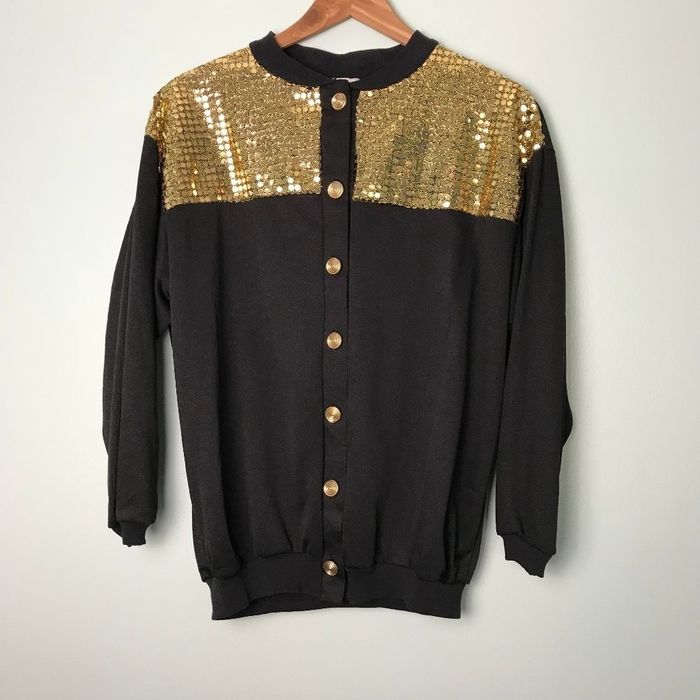 Vintage Black Gold Sequin Top Size Medium 80s Party VTG Deadstock European Club